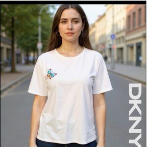DKNY White Tee with Colorful Butterflies 🦋 🦋Accents